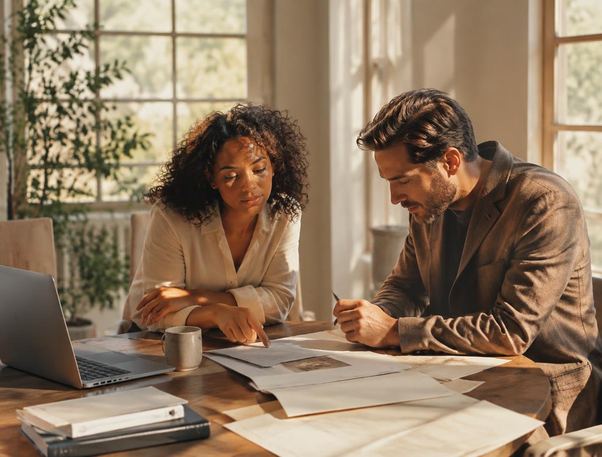 Two team members reviewing plans together at a sunlit table
